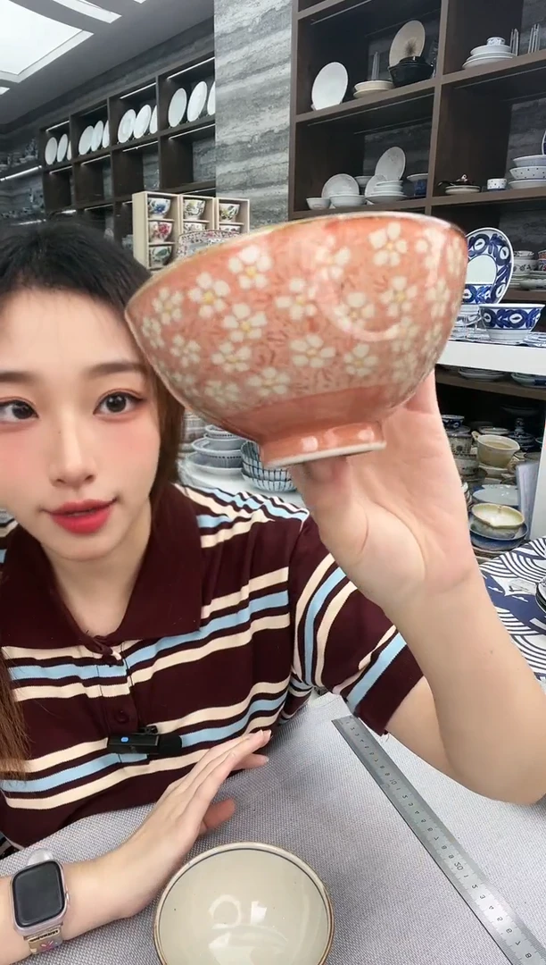 瓷早春粗陶冰裂纹饭碗-粉色