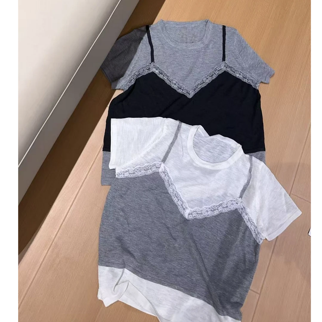 【文乐乐】夏季新款高级洋气显瘦时尚休闲潮流百搭假两件针织T恤393