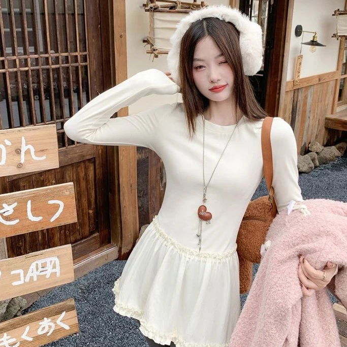 内搭打底花边下摆连衣裙子女秋冬2025新款高级感甜美长袖t恤上衣