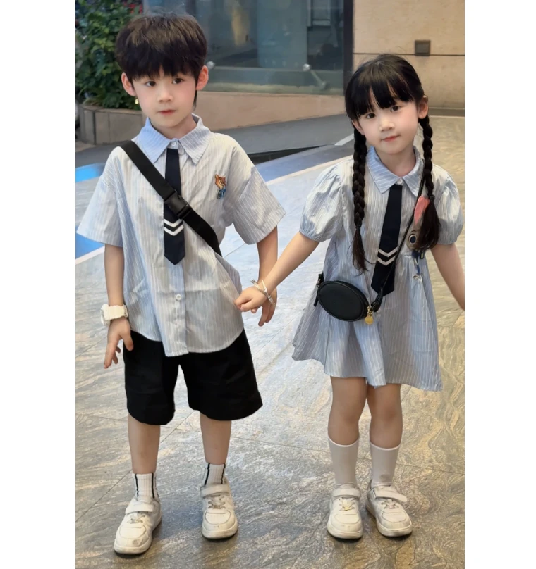 儿童夏季新款男童衬衫短裤套装女宝宝连衣裙休闲兄妹装