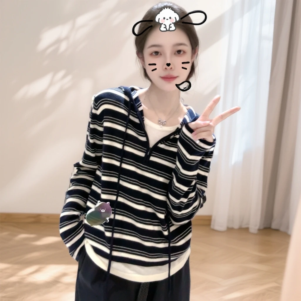 宿慕SUMU显瘦假两件毛衣女2025秋季新款宽松套头长袖针织衫28351
