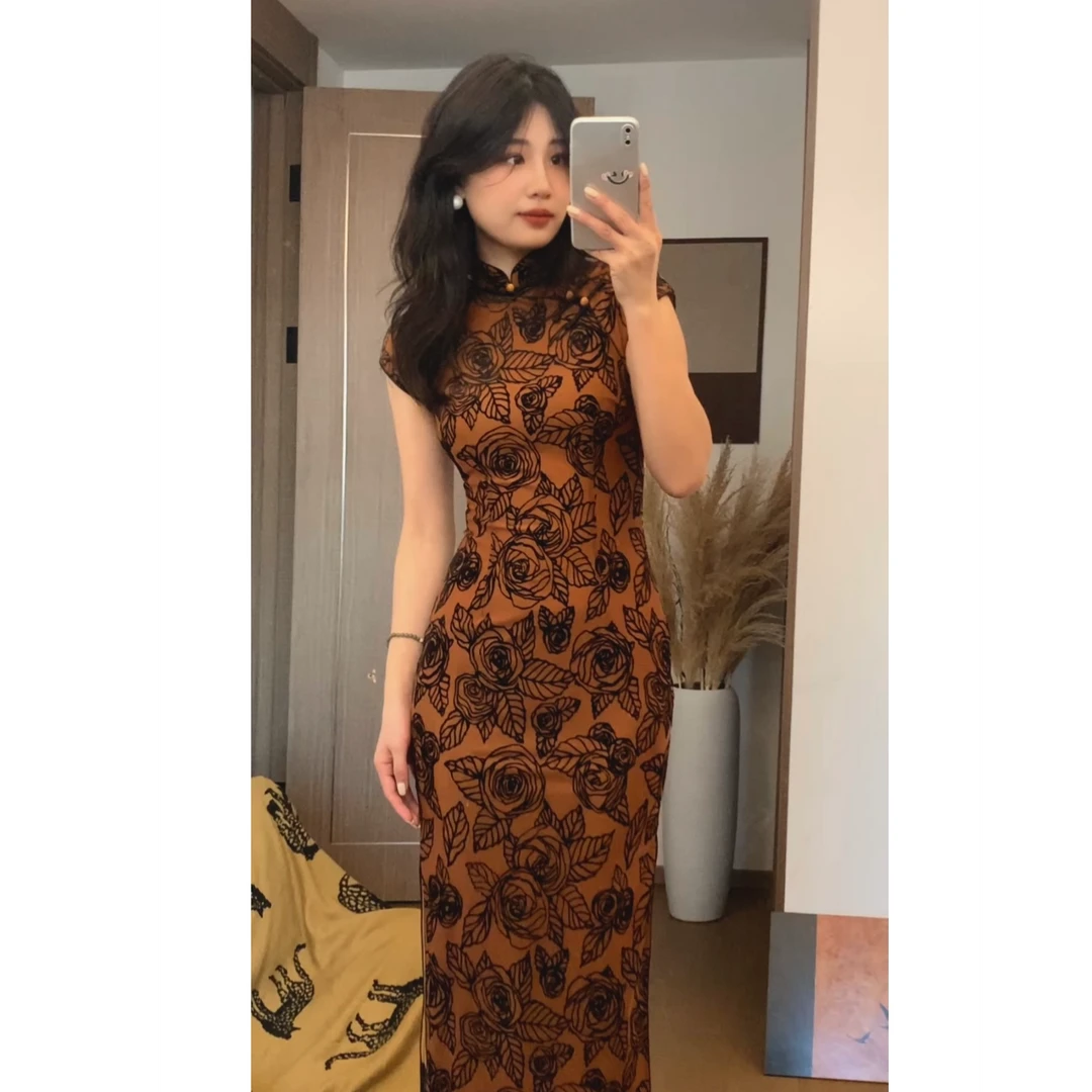 【干枯玫瑰】双层有弹力气质显瘦2025春夏新款复古新中式旗袍连衣裙