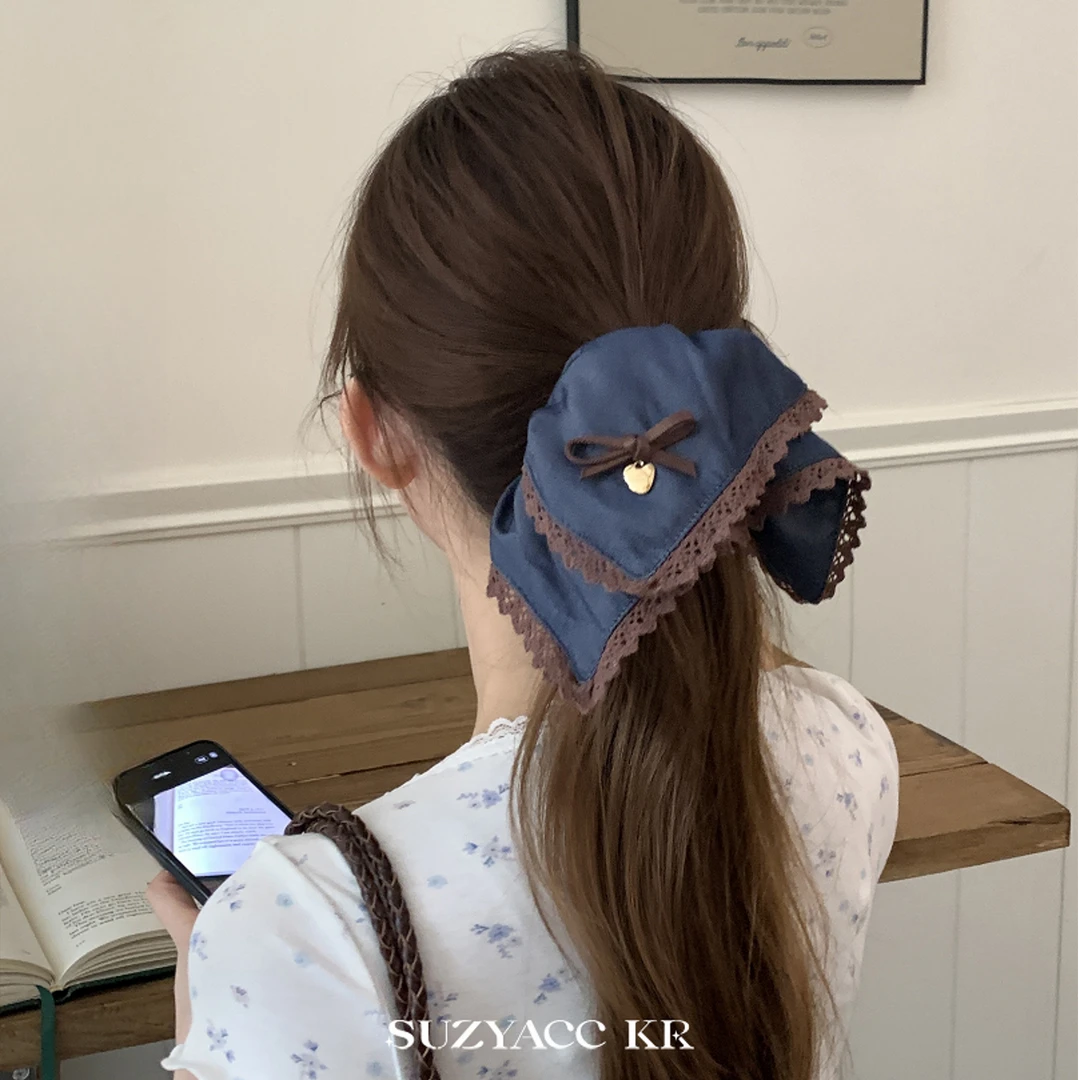 牛仔蓝咖色蕾丝花边布艺大肠发圈韩系低马尾头绳扎头发绳法式发饰