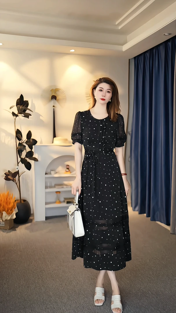 黑色设计感波点短袖连衣裙2025年夏季女显瘦时尚气质洋气167