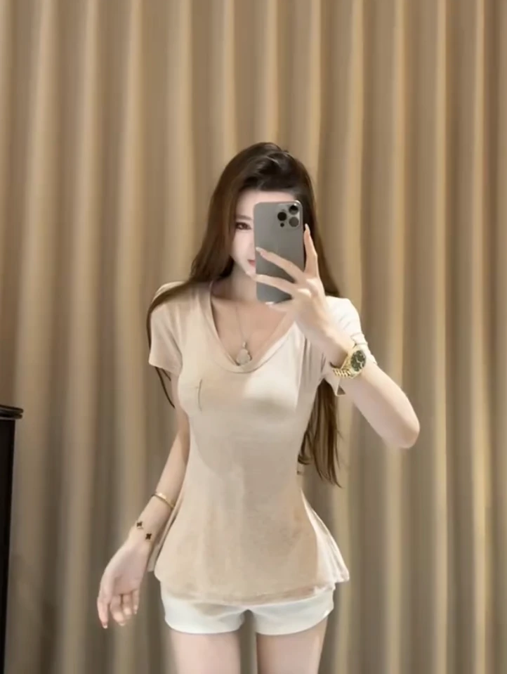 25夏季新款甜辣纯欲风百搭口袋U领大领口侧开叉显瘦短袖T恤上衣女