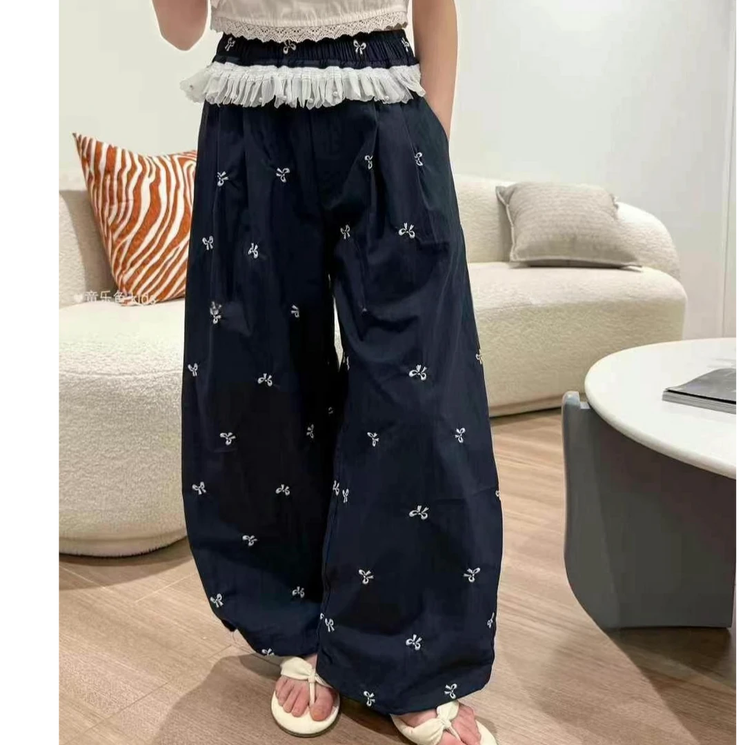 2025中大女童欧若风满绣蝴蝶结拼接蕾丝宽松山本束脚裤25626