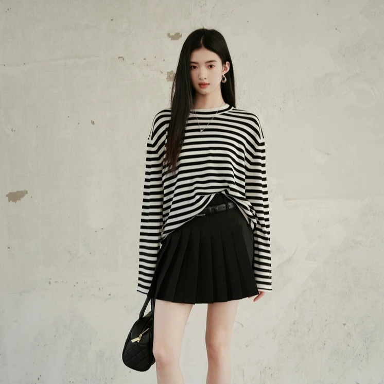 圆领针织长袖毛针织衫休闲风条纹春秋宽松秋冬打底衫上衣时尚百搭