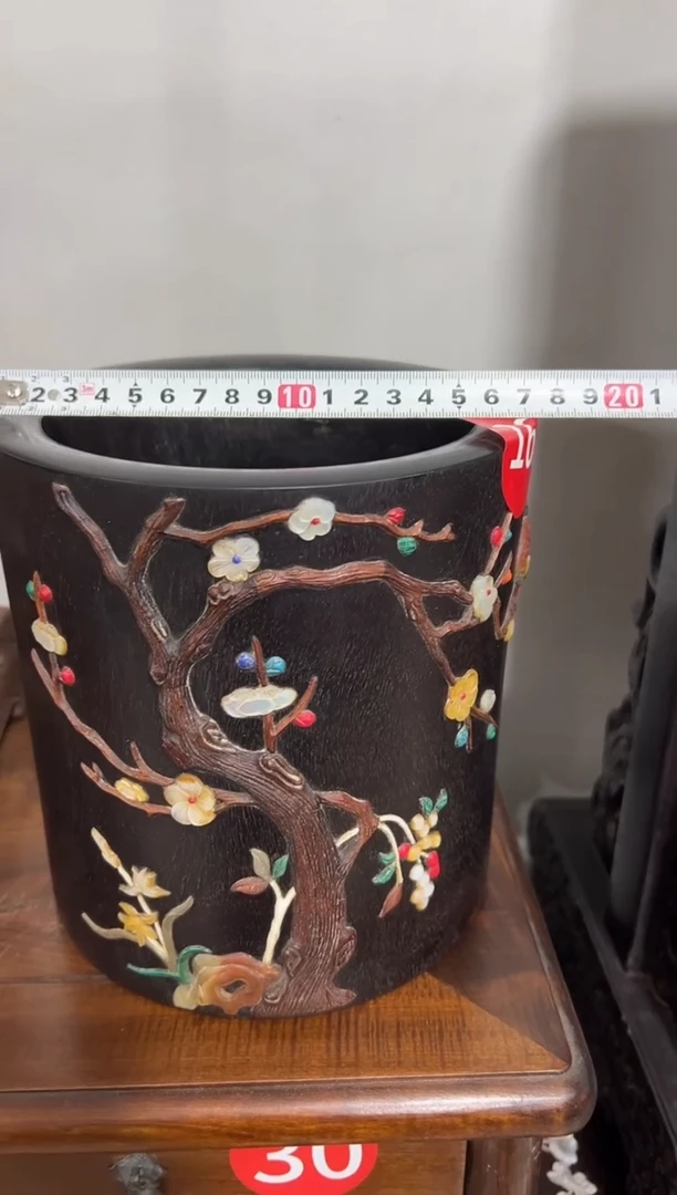 紫檀木百宝花鸟笔筒