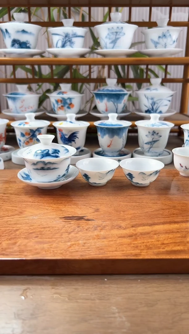 微瑕寒江独钓80ml三才盖碗+小玉兰杯2个