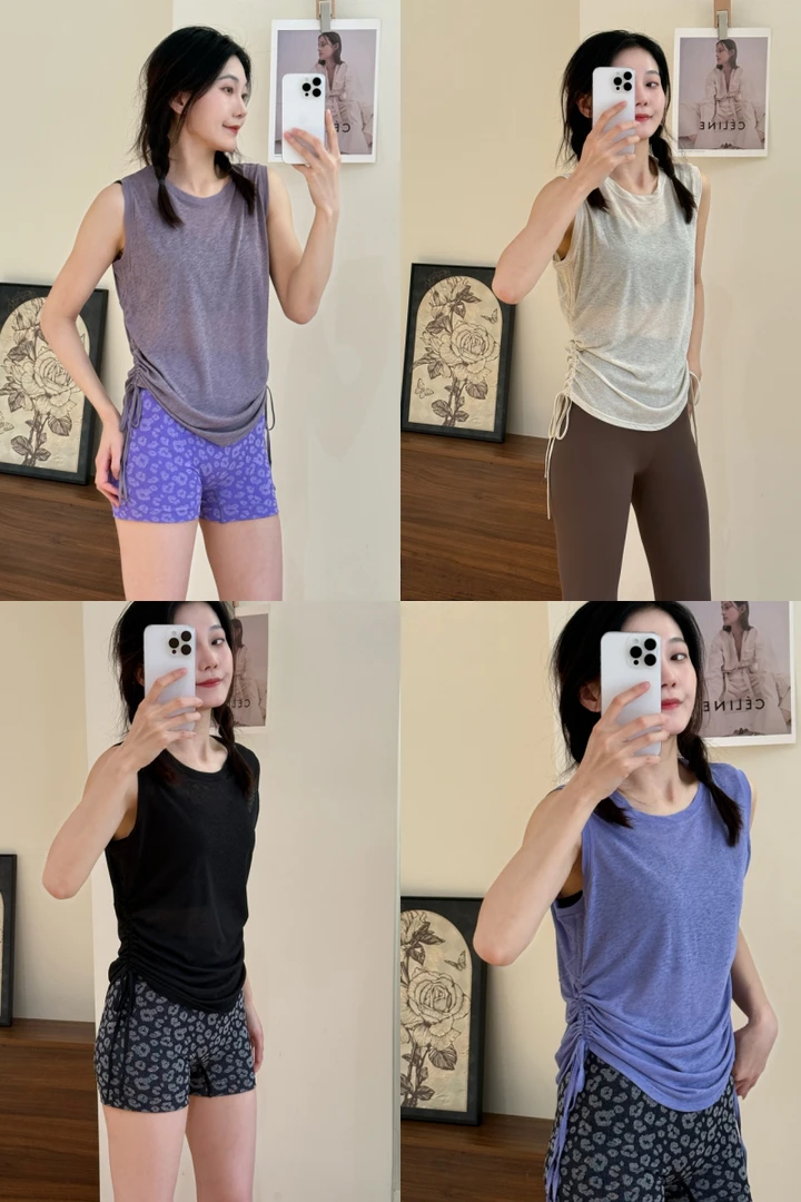 无袖褶皱抽绳运动背心微透宽松遮肉跑步训练罩衫速干健身瑜伽上衣