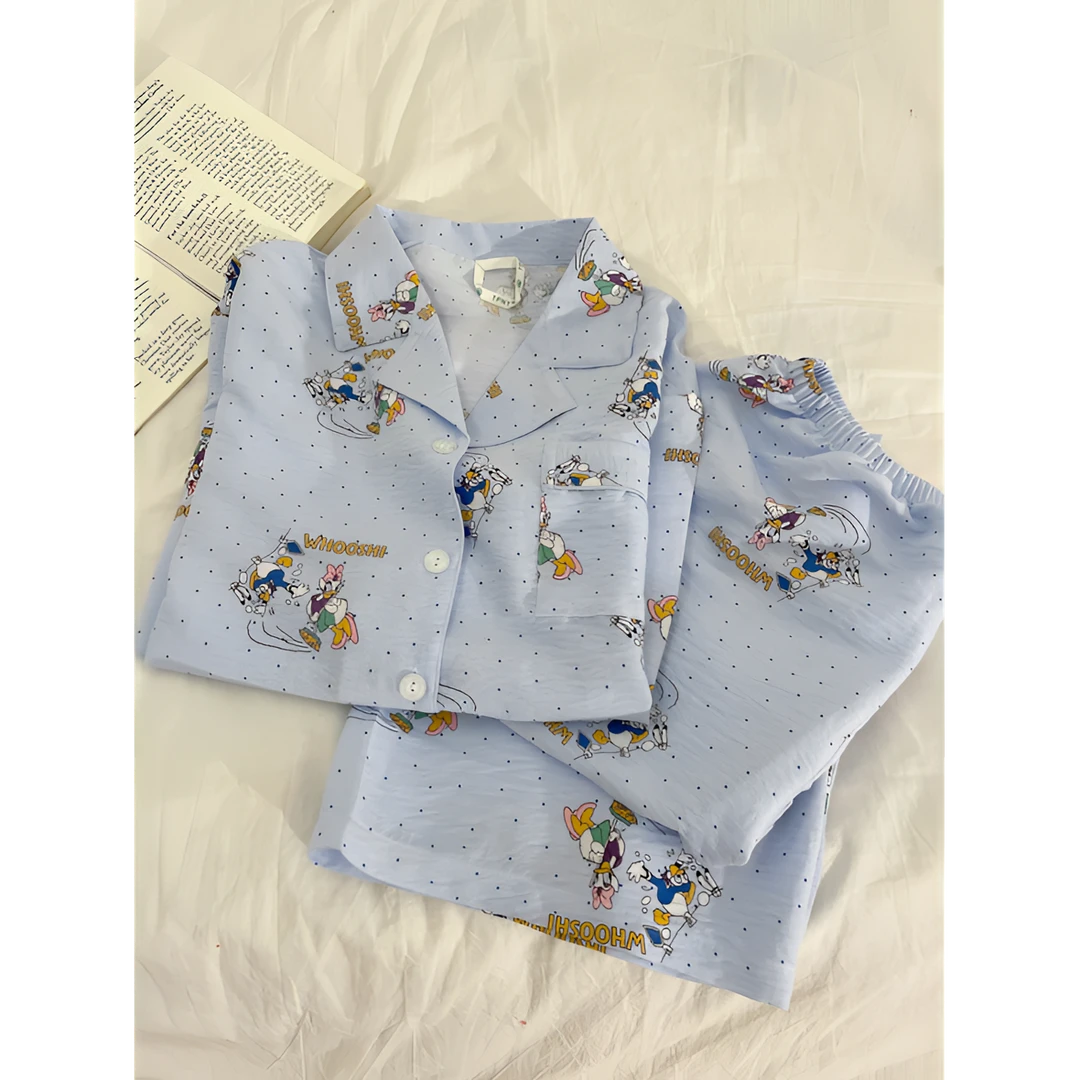 蓝色卡通印花长袖睡衣女春秋季新款亲肤舒适大码家居服套装