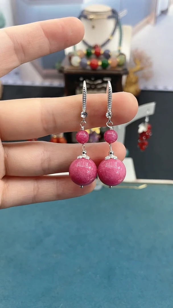 银S925镶嵌菱锰矿（红纹石）耳饰14mm+玫红双珠M2