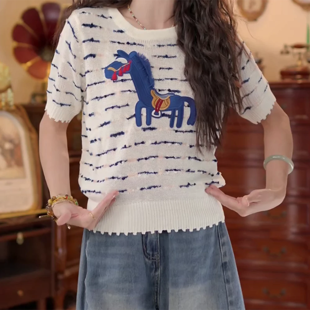 宽松短袖拼接减龄卡通白色卡通动物套头针织衫C5583