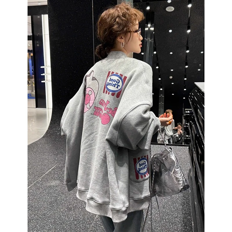 韩版百搭宽松中长款V领外套欧洲站2025秋季新款时尚灰色开衫上衣