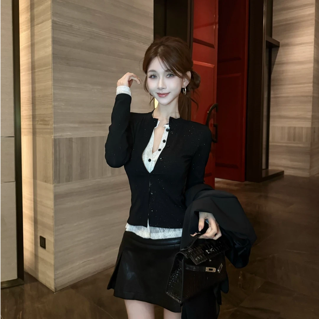 【青雾霓裳】时尚气质简约细闪撞色假两件上衣修身设计感春秋长袖