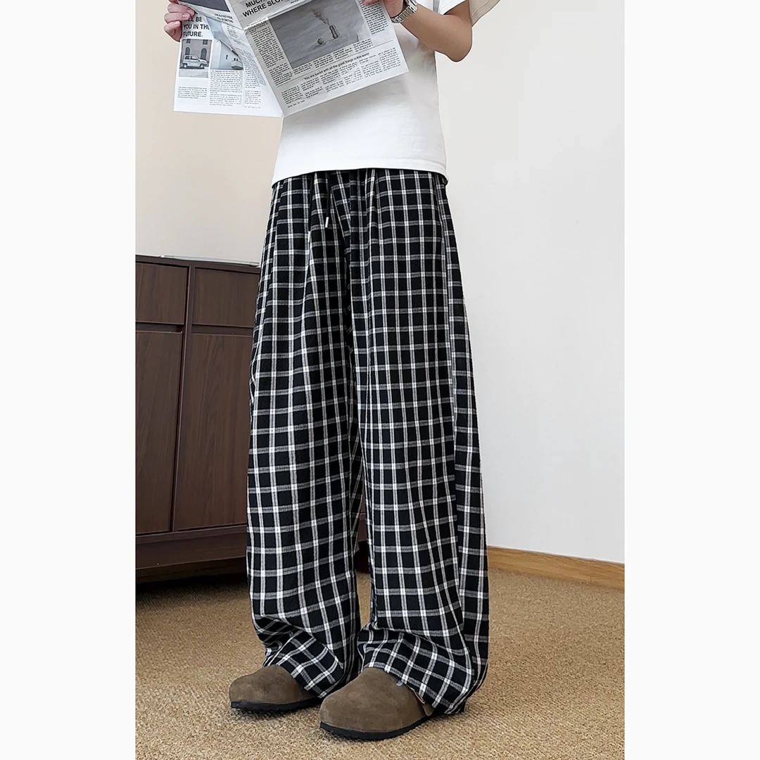 夏季泡泡纱格子裤潮流休闲裤情侣长裤通勤宽松慵懒风显瘦显高薄款