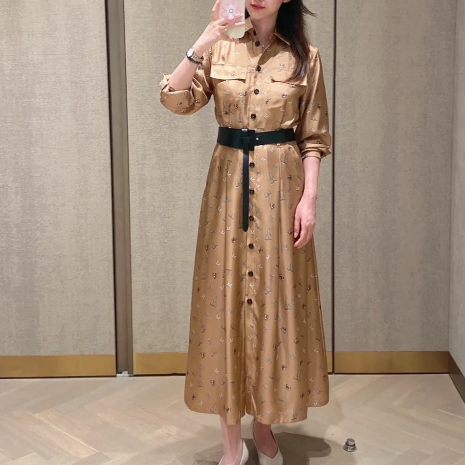 全新未使用 MaxMara MaxMara女士咖色老花满印连衣裙152914时尚