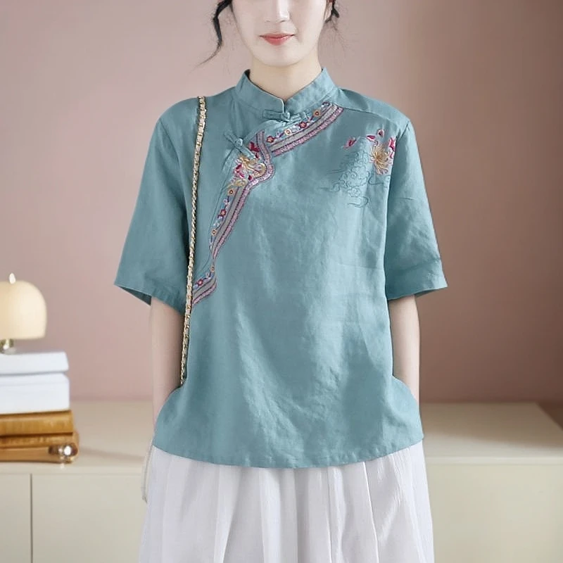 【倩雅衣馆】中国民族风上衣中式女装复古风刺绣棉麻衬衣套头立领盘