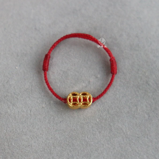 【加倍有钱】伊清浅足金钱币编织戒指本命年极细尾戒可调节有钱花