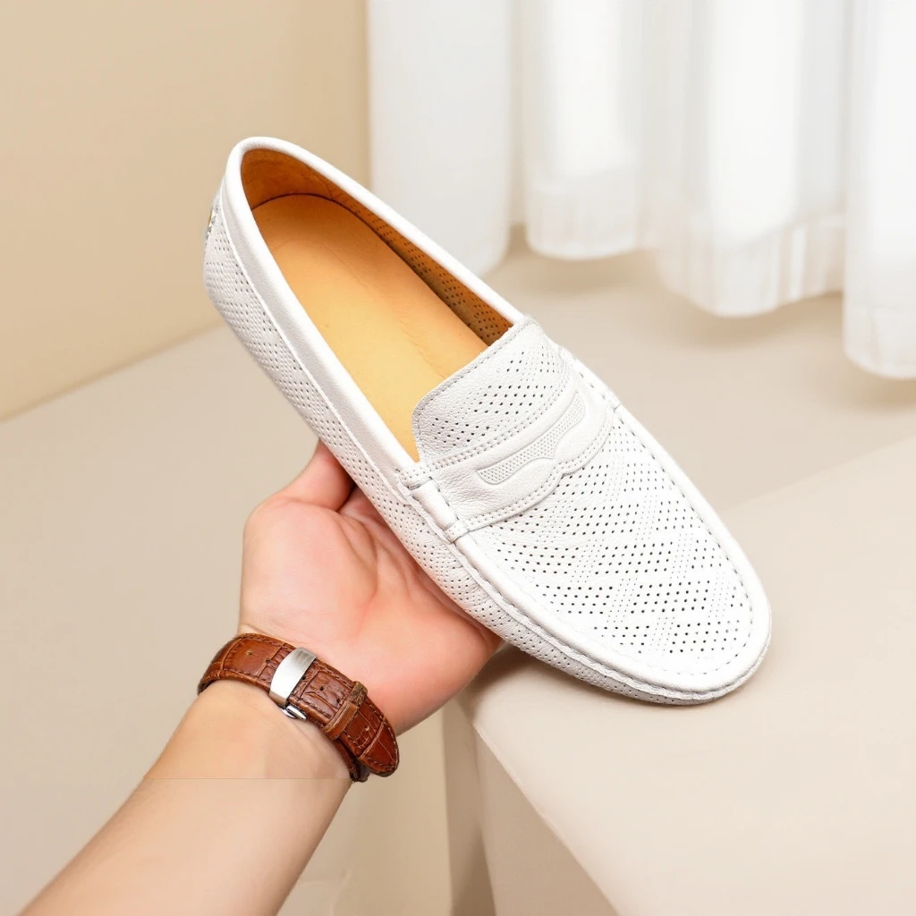 欧美春夏季男士一脚蹬真皮豆豆鞋冲孔透气时尚软底休闲皮鞋百搭