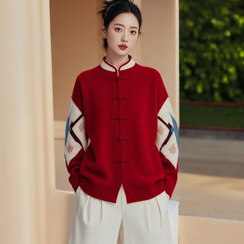 初冬新中式女装国风复古宽松针织开衫外穿毛衣外套女秋冬2024新款