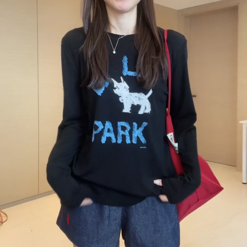 2025春夏新款设计感百搭显瘦高品质印花小猫长袖T恤LK2502581