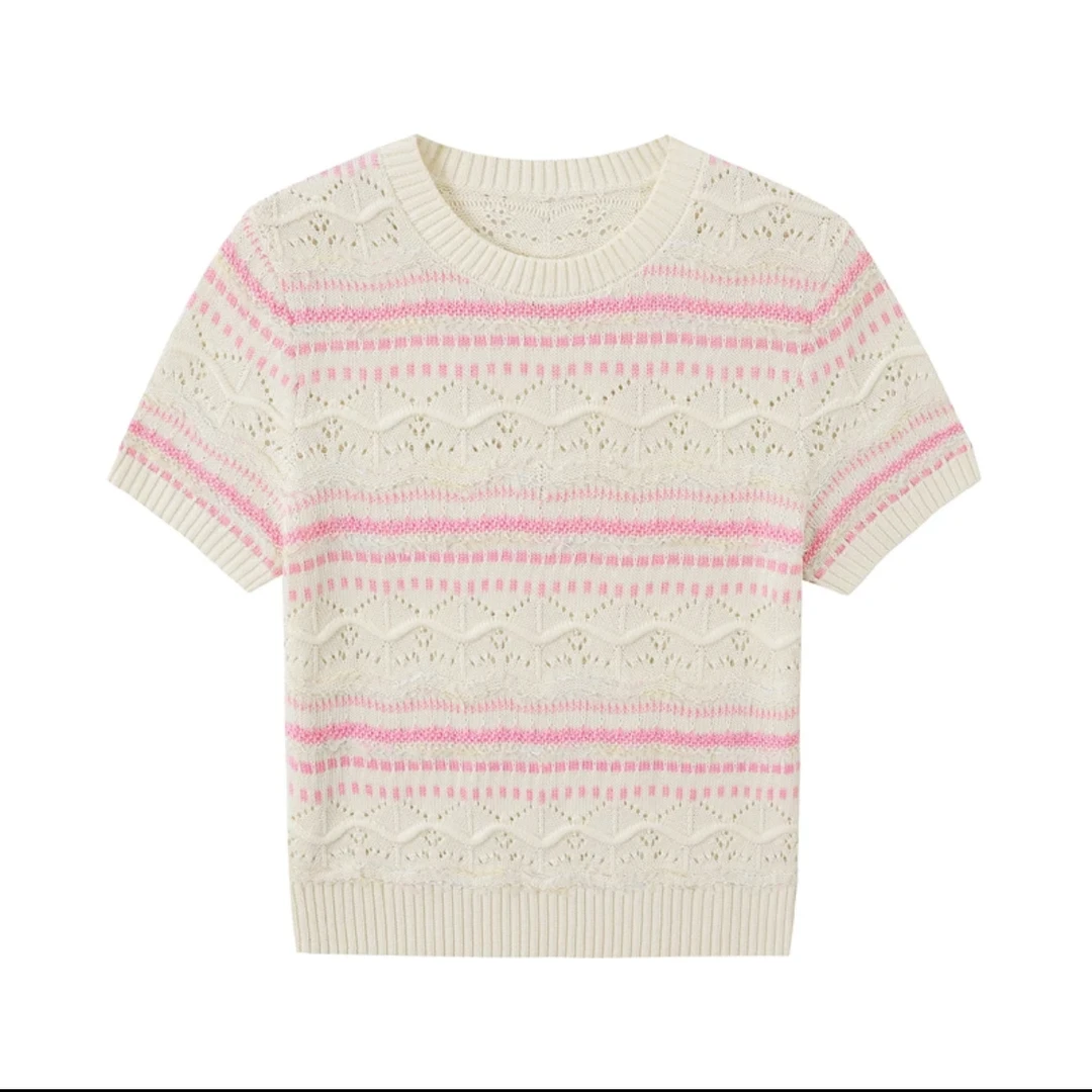 《猪猪出品》25上新夏季粉白条纹套头针织减龄短袖针织衫