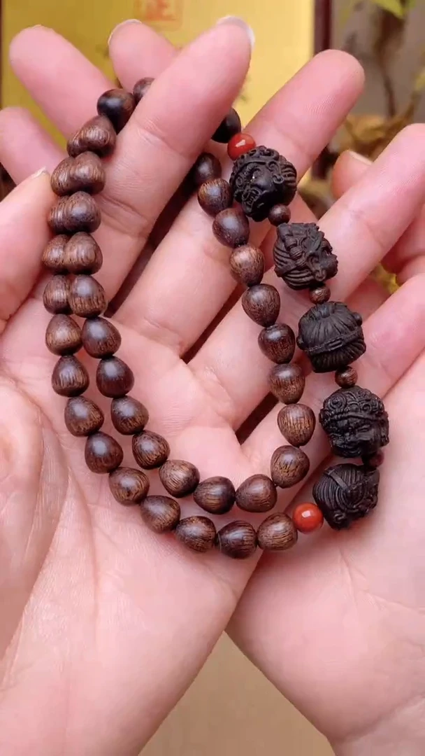 【闪购商品】沉香手串野生芽庄雷料白棋米珠双圈+沉香木五路财神