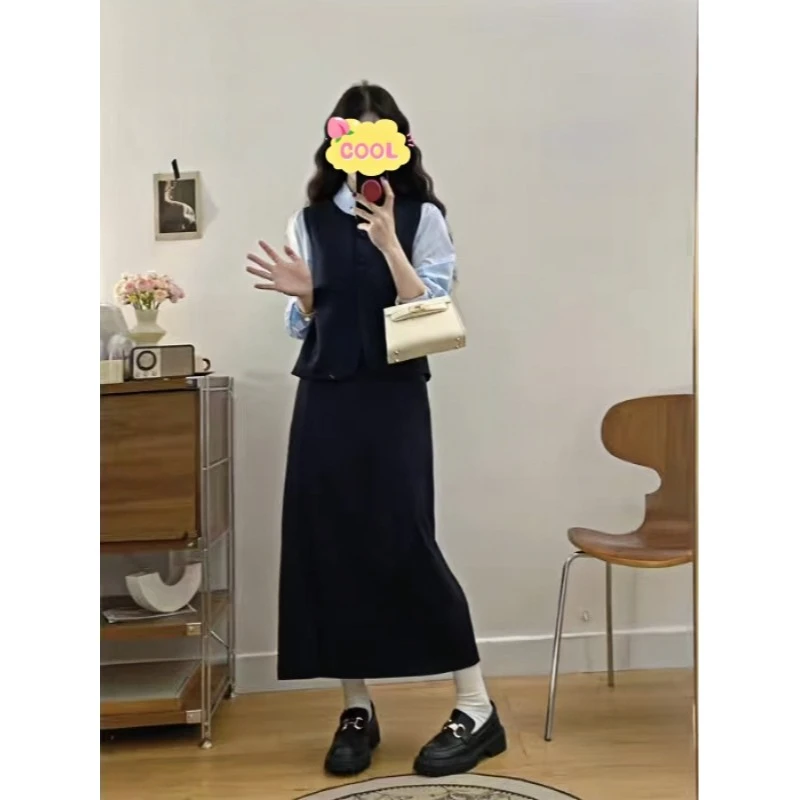 大码韩系假两件长袖衬衫高腰显瘦半身裙套装988522#