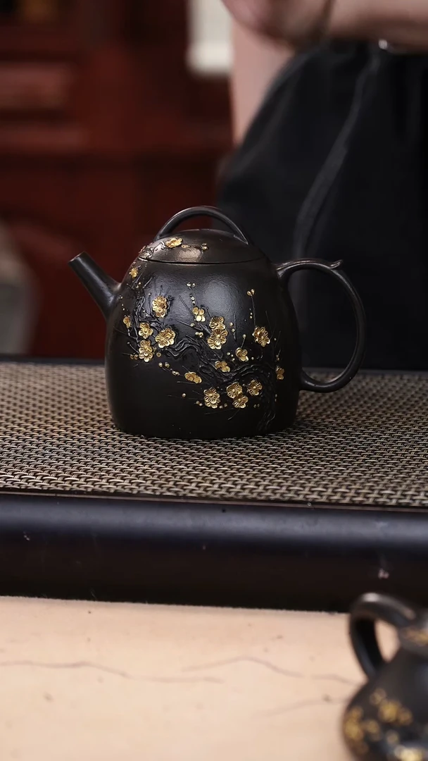 茶壶紫砂朱泥还原烧墨梅堆绘洒金秦权160cc+杯子