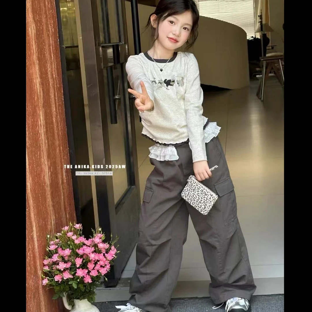 女童秋季新款套装2025洋气蝴蝶结长袖上衣花边工装裤女宝宝两件套