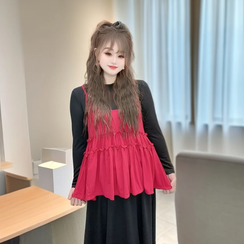 套装木耳边叠穿吊带背心女秋季韩系甜美长袖T恤上衣半身裙三件套