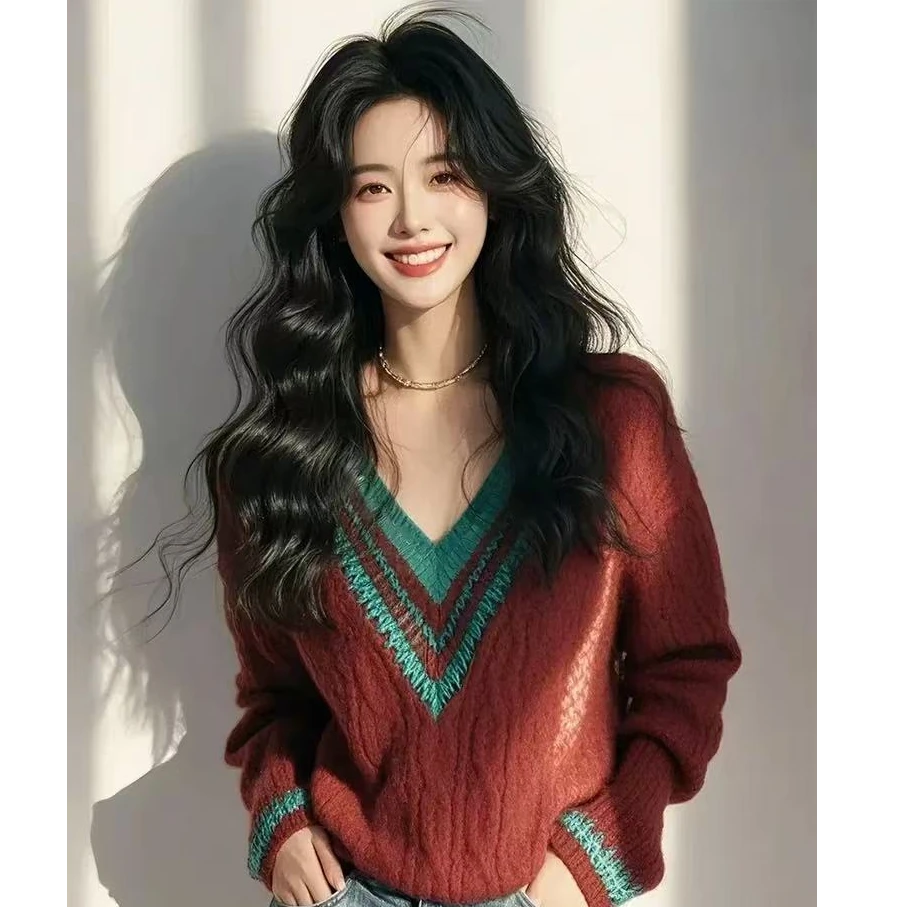 红色V领麻花毛衣女2024秋冬新款松弛感慵懒风宽松显瘦针织上衣服