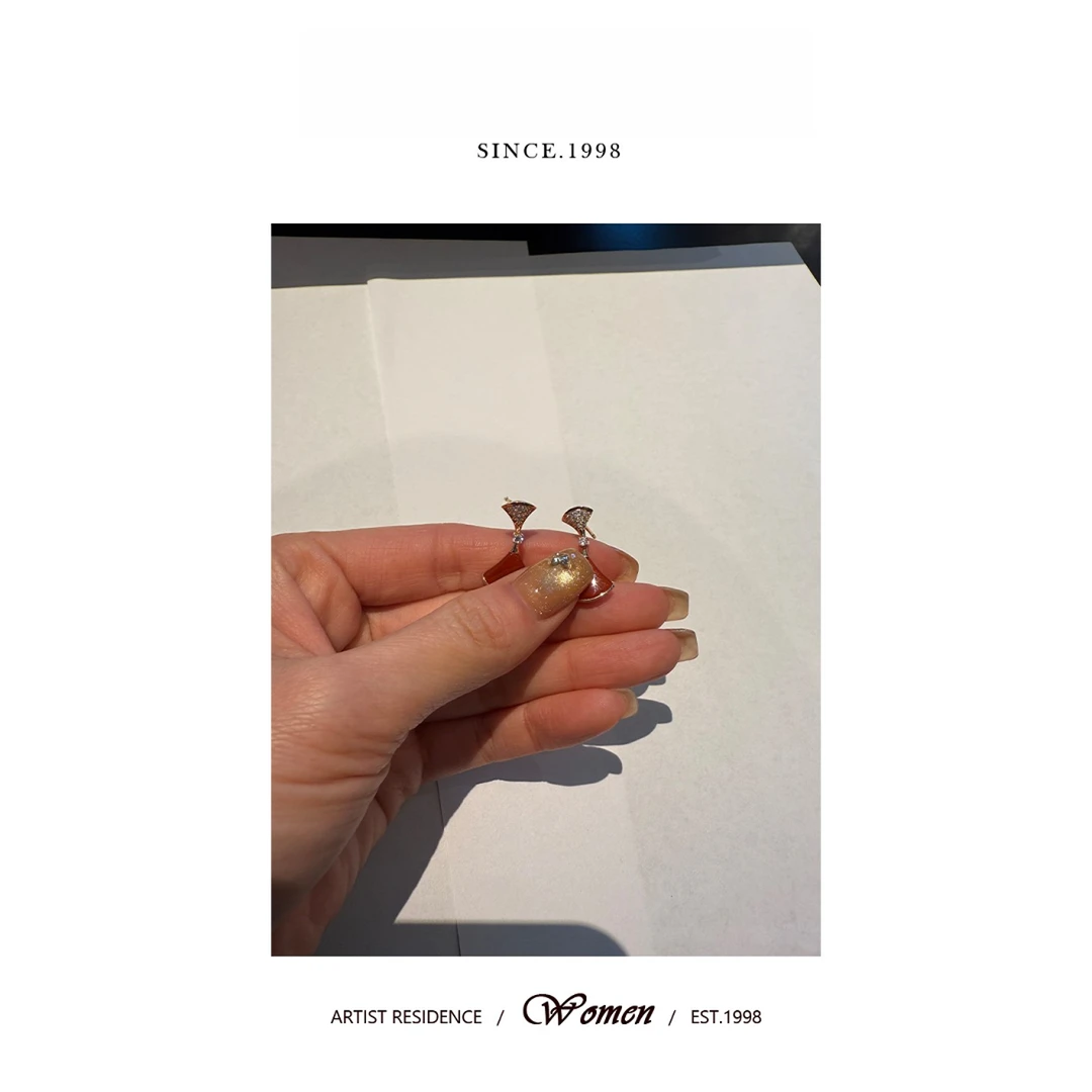 925银耳饰 轻奢气质红色小扇子耳钉耳环