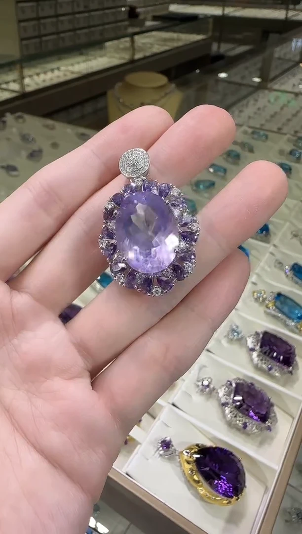 颈饰银S925镶嵌水晶15*20mm紫玉晶