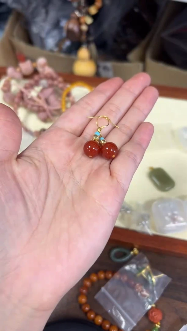 南红玛瑙未镶嵌耳饰满肉南红圆珠镶嵌款耳环[1361]
