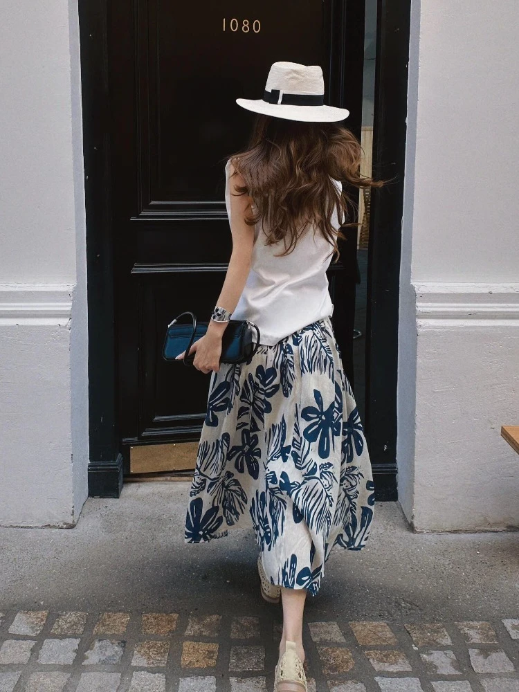 韩版网红洋气炸街印花夏季半身裙女高腰休闲显瘦时尚中长款A字裙