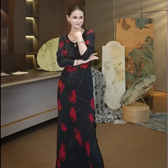 【黑魅红晕】桑蚕丝ins连衣裙长款优雅显瘦气质PTM241054女款