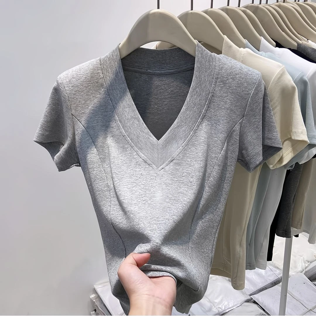 HONG JIA LIN/虹嘉琳欧货V领螺纹短袖T恤大码修身鱼骨正肩设计感