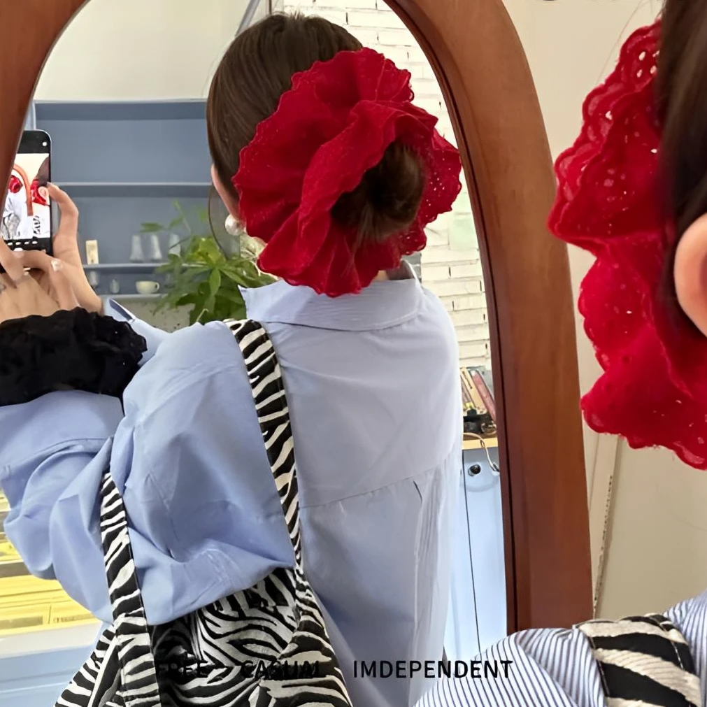 2025新重工特大号复古蕾丝发圈花边气质手工红色显瘦时尚法式发圈