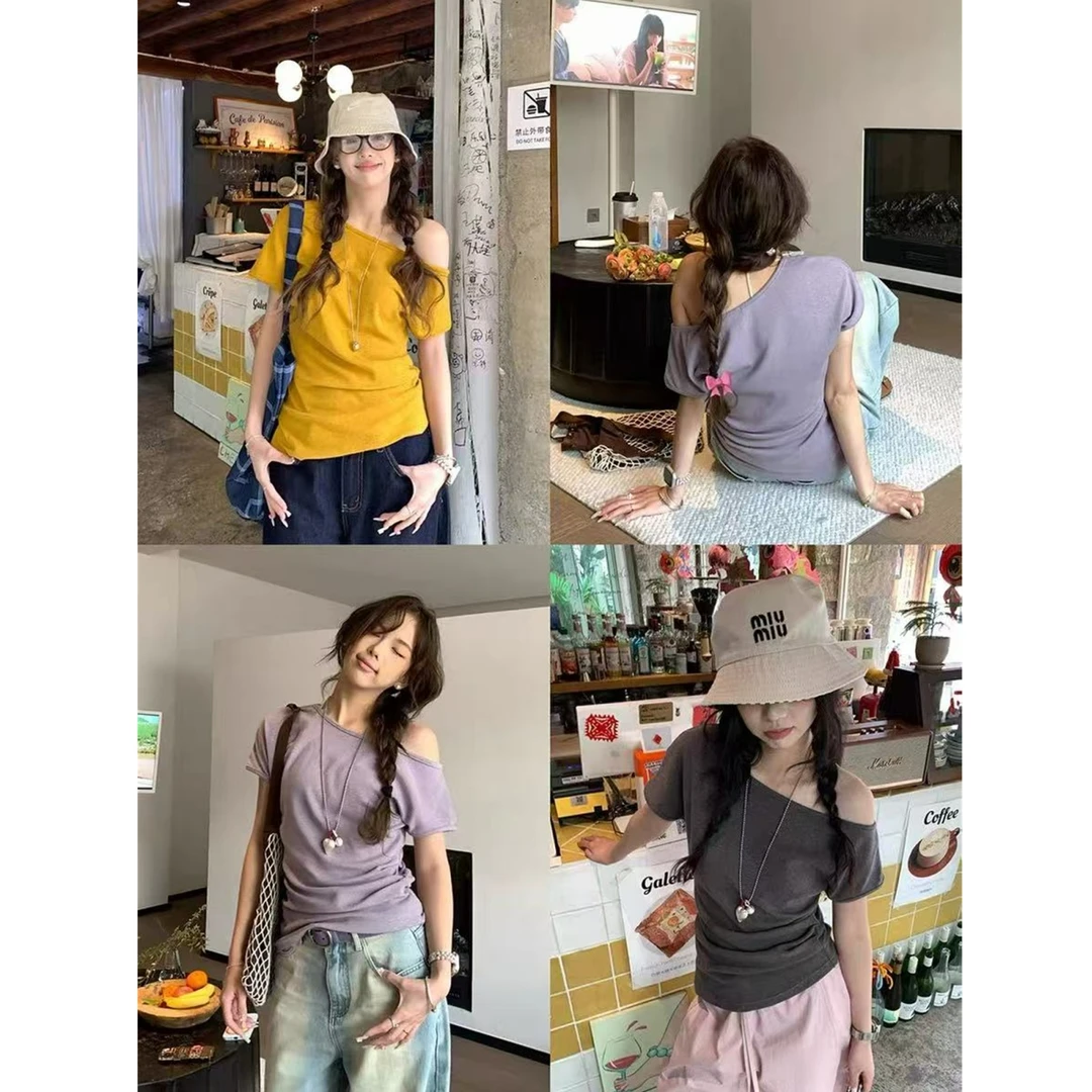 【入夏】韩系辣妹设计感显瘦百搭小众褶皱露肩短袖T61581