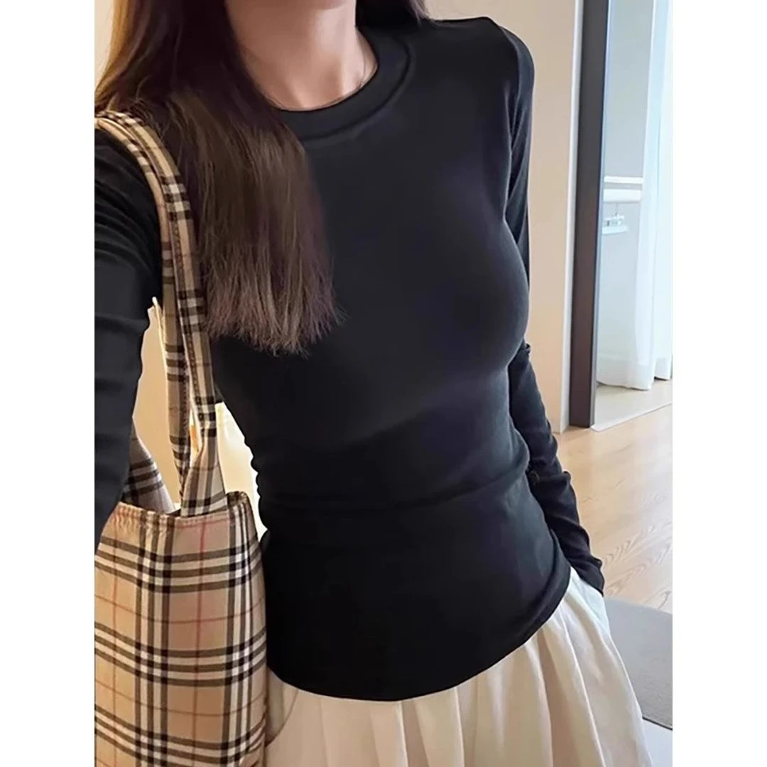 美式辣妹紧身长袖t恤女秋冬新款基础内搭打底衫修身收腰弹力上衣