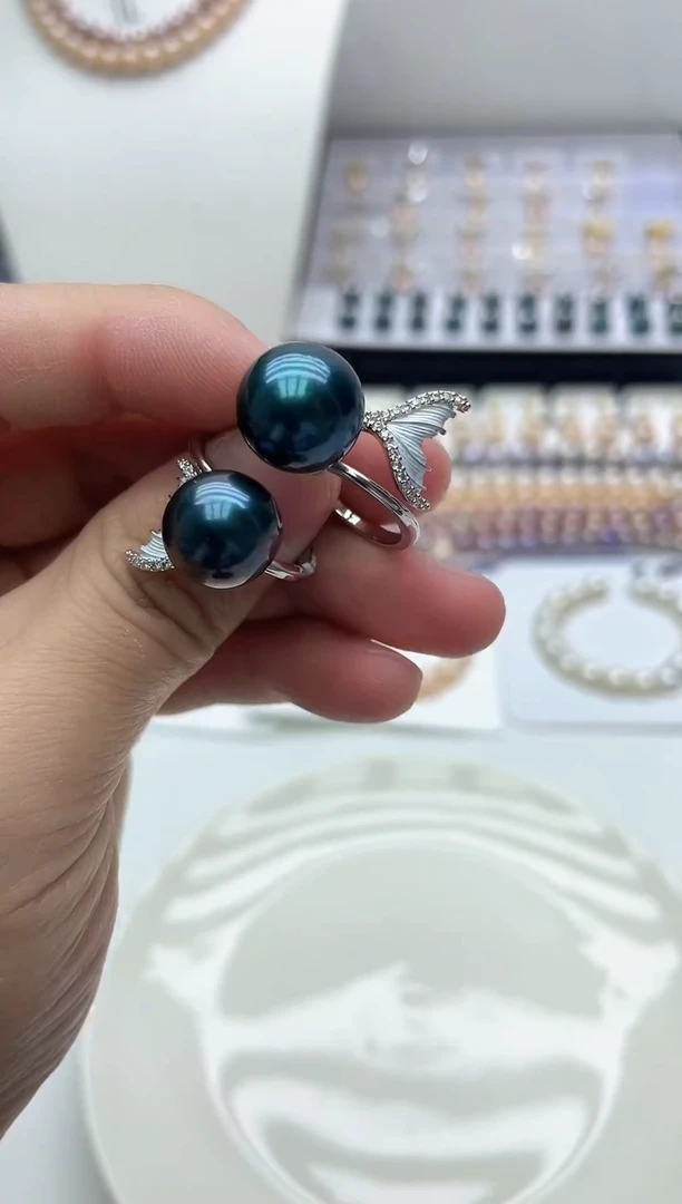 未镶嵌戒指淡水珍珠孔雀绿戒指