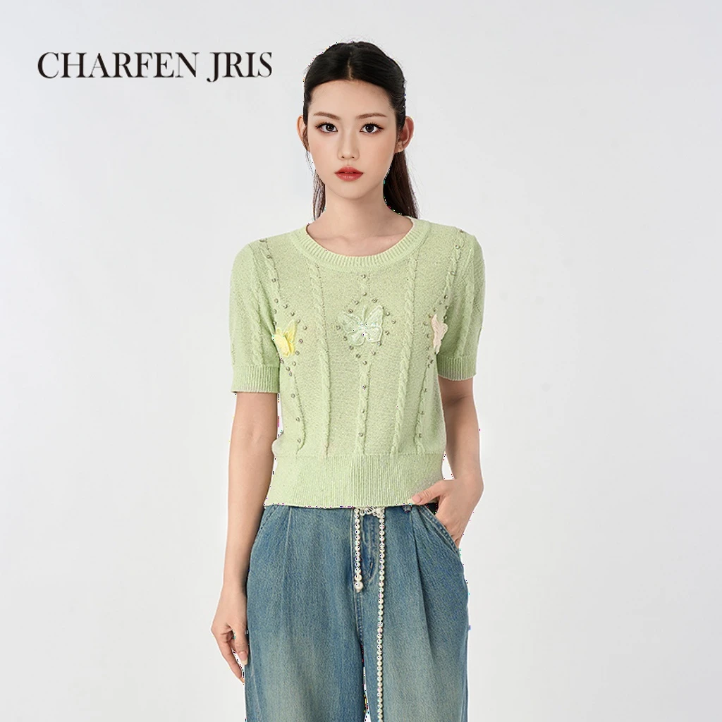 【媛媛专享】朝峰夏季新款时尚百搭烫钻钉珠针织短袖FJF2D679-6530C