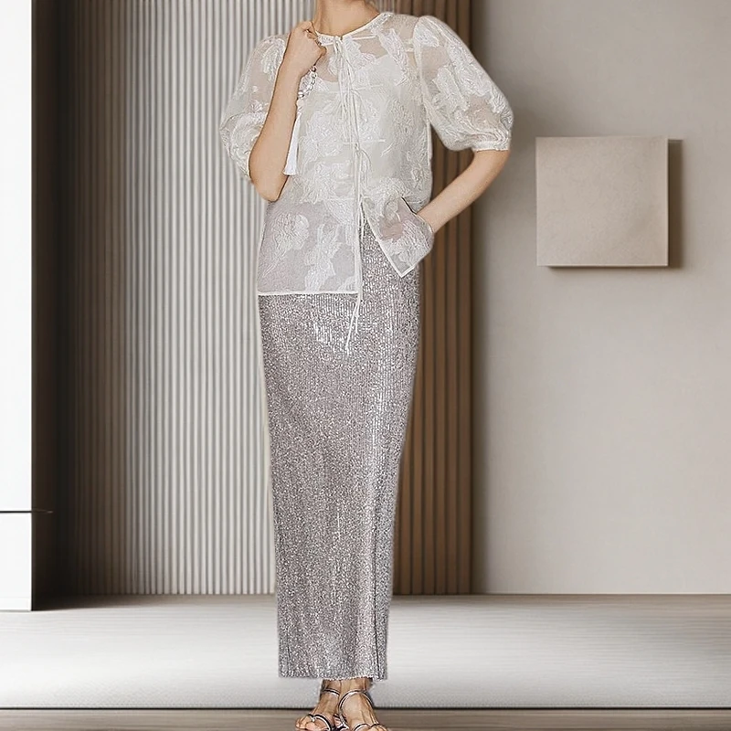 亮片后开叉夏季半身裙女2025包臀高腰显瘦设计感高级蕾丝珠片半子