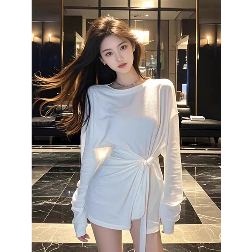 法式甜辣妹中长款圆领长袖t恤女秋冬设计感收腰绑带气质百搭上