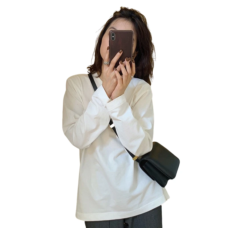 优质100%纯棉T恤男女白色T恤男女圆领简约上衣长袖打底衫长袖T恤