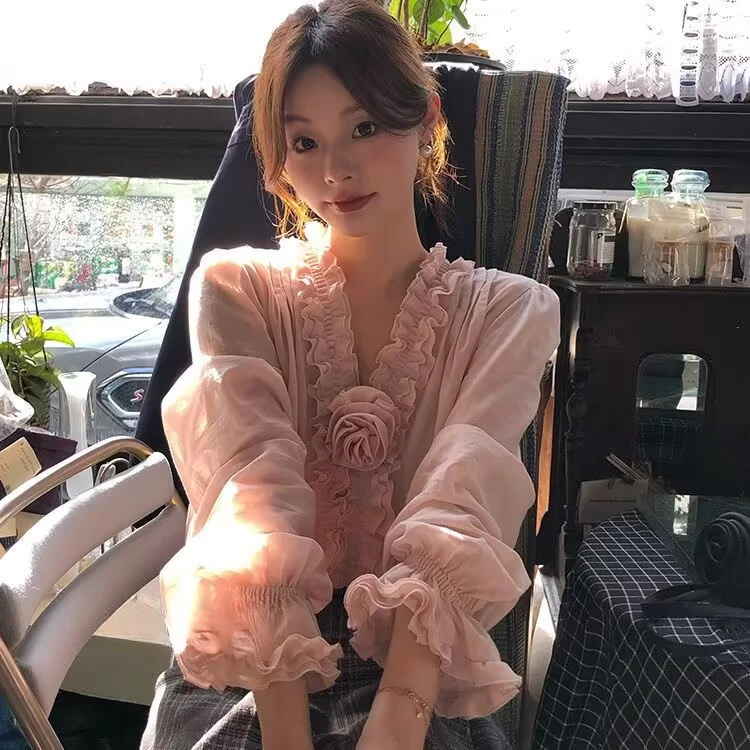 法式气质V领荷叶边长袖衬衫女2025秋季显瘦薄款上衣