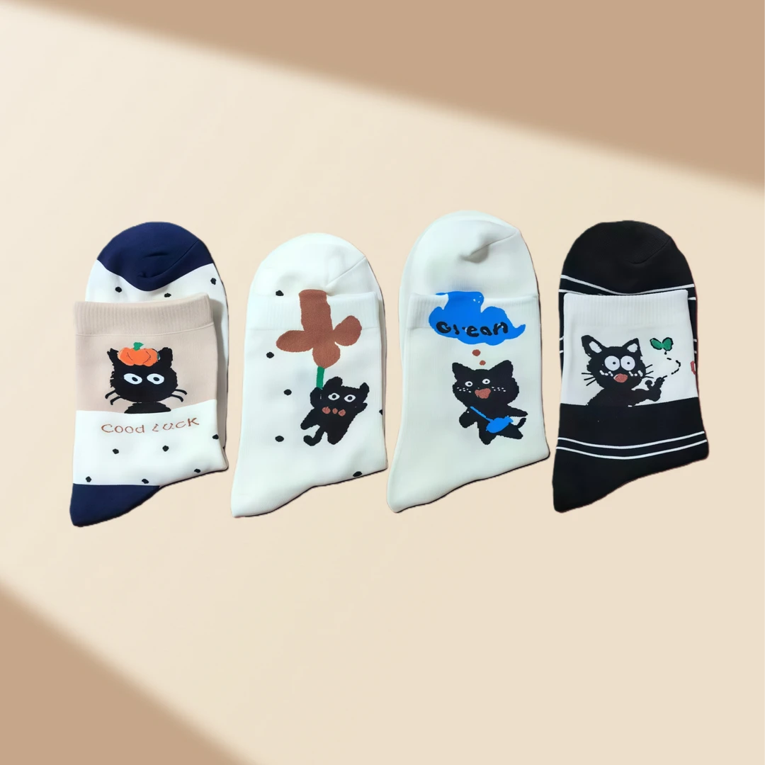韩版可爱卡通猫咪学院风女款中筒棉袜
