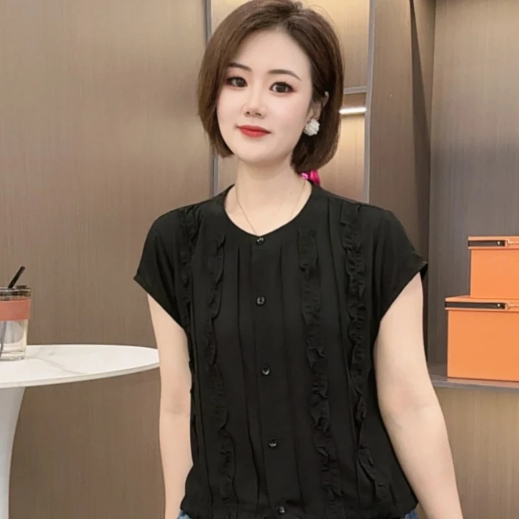 6171花边竖条夏季雪纺衬衫圆领短袖